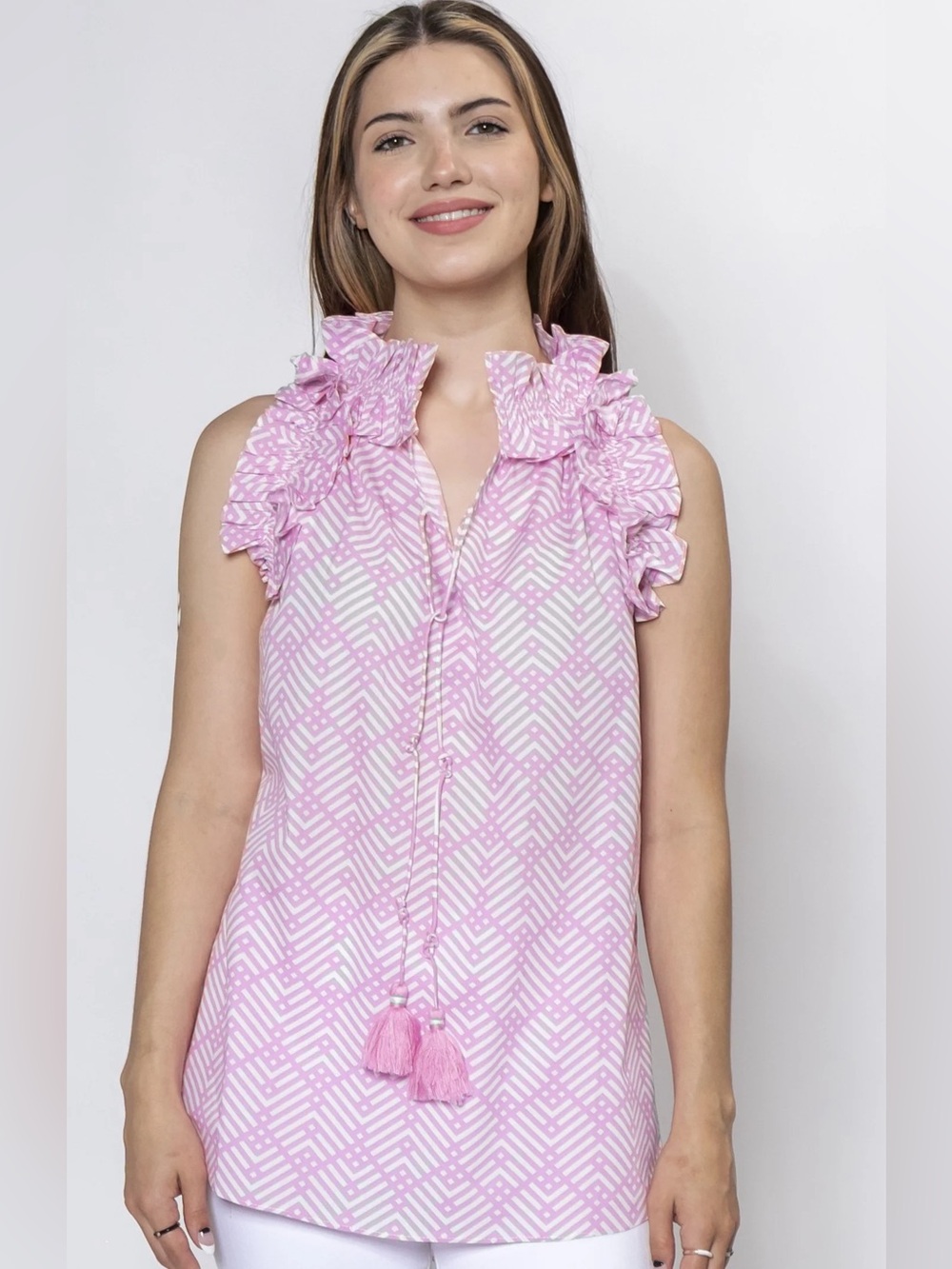 Sleeveless Pink Ruffle-Collar Chemise with Tassel Tie